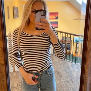 Navy & White Top with 3/4 Length Sleeves